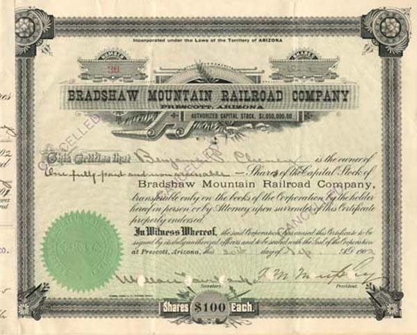 Bradshaw Moutain Railroad Company signed by B.P. Cheney